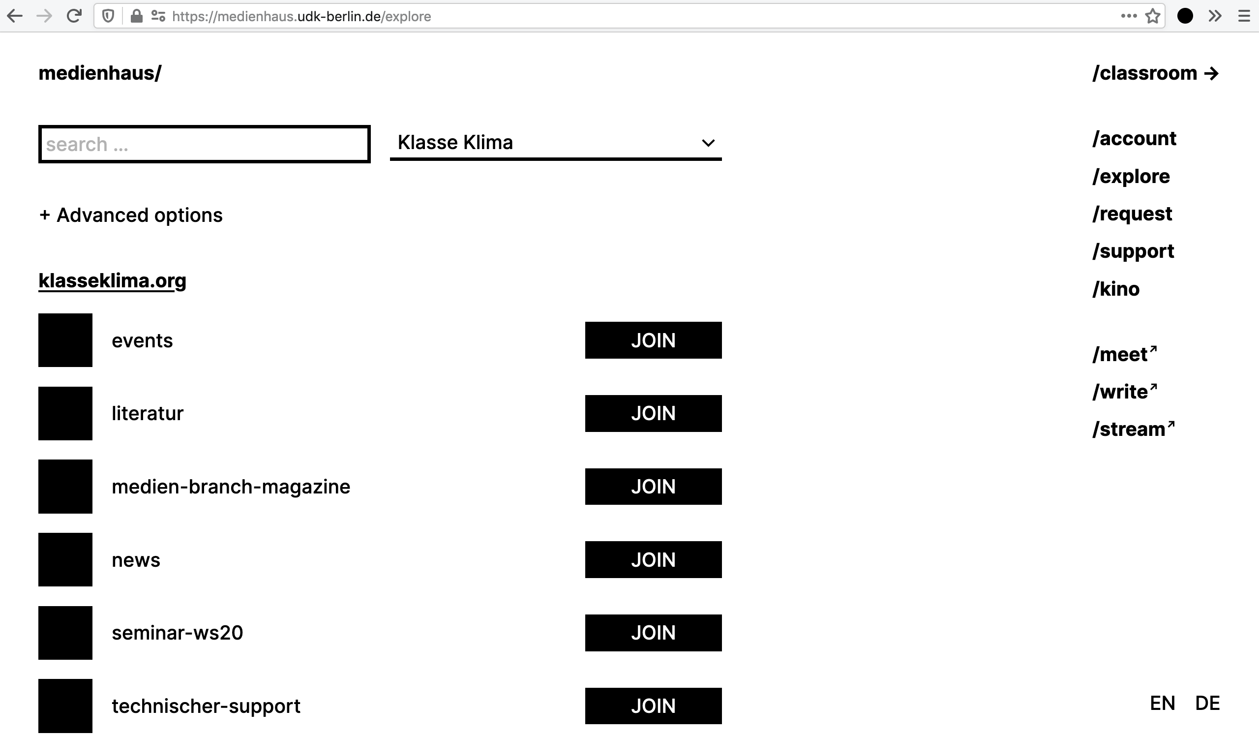 The medienhaus/explore view of @Klasse_Klima public rooms via federation.