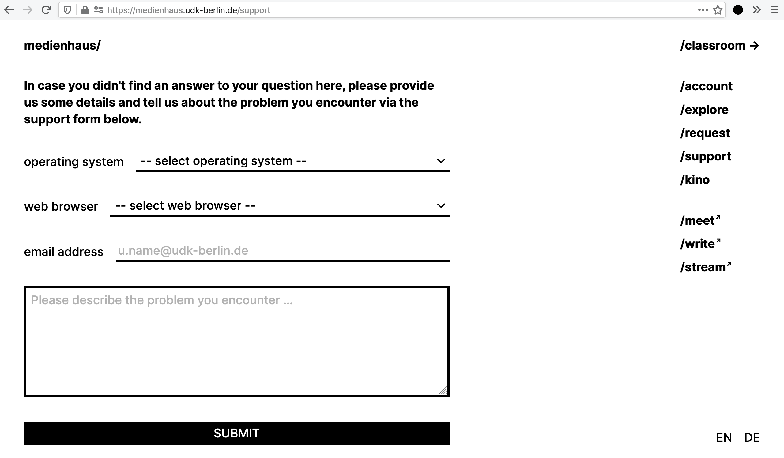 The medienhaus/support view showing the contact form.