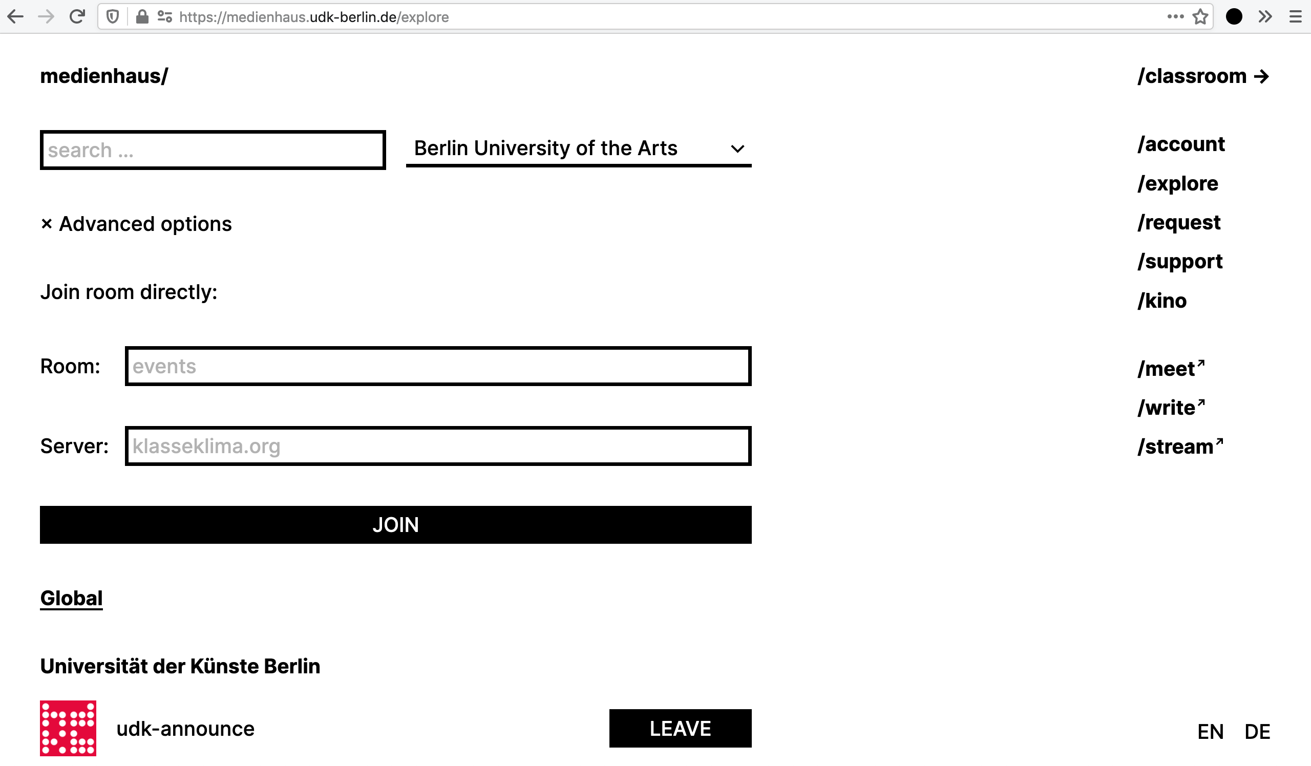 The medienhaus/explore view’s advanced options.