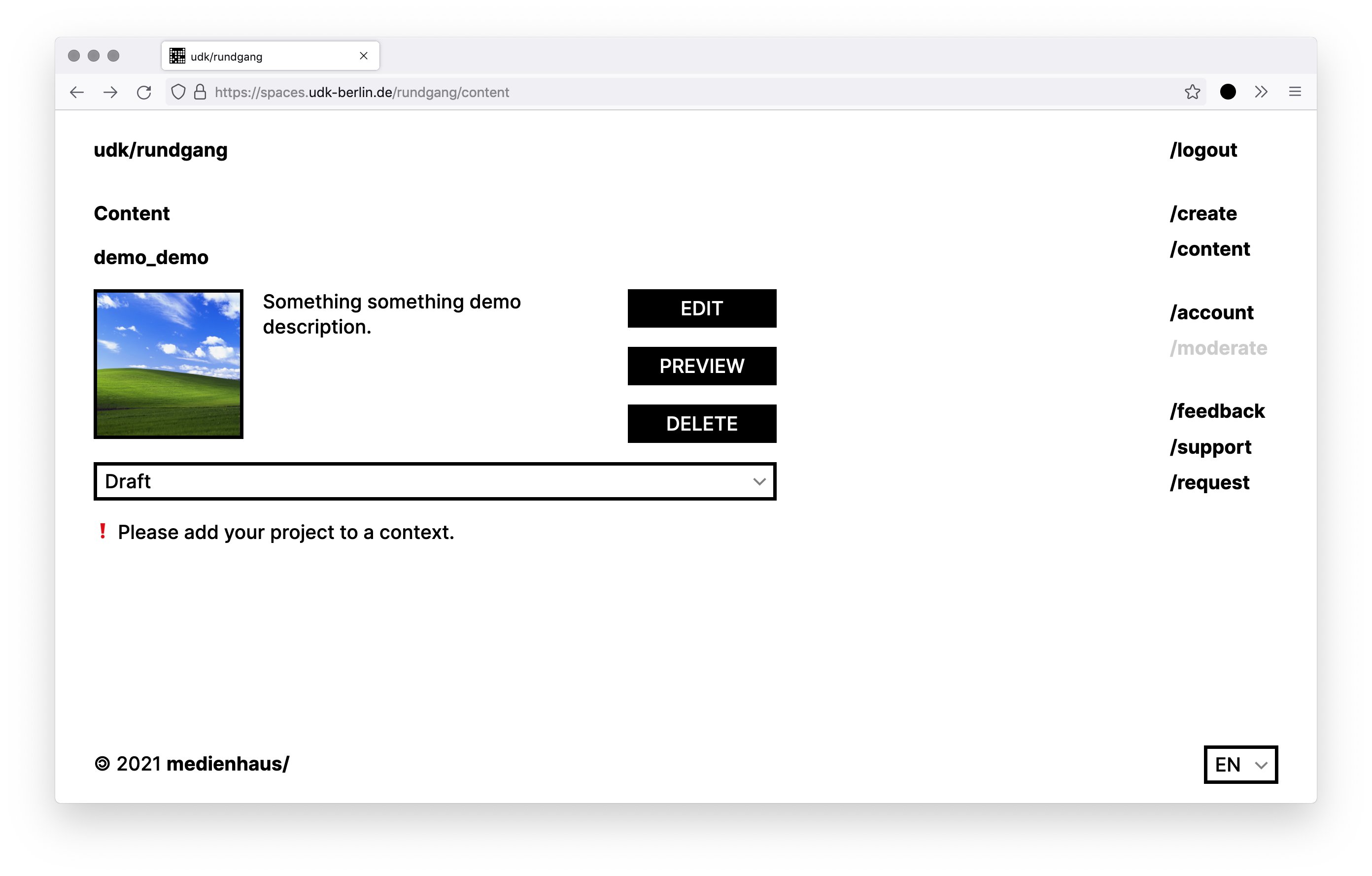 /content overview in medienhaus/cms