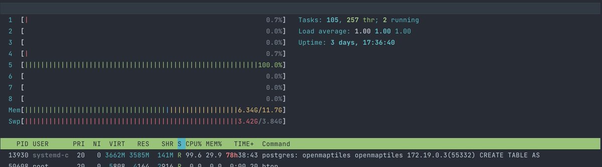 screenshot of the `htop` program showing quasi 100.0% workload of CPU, RAM and swap