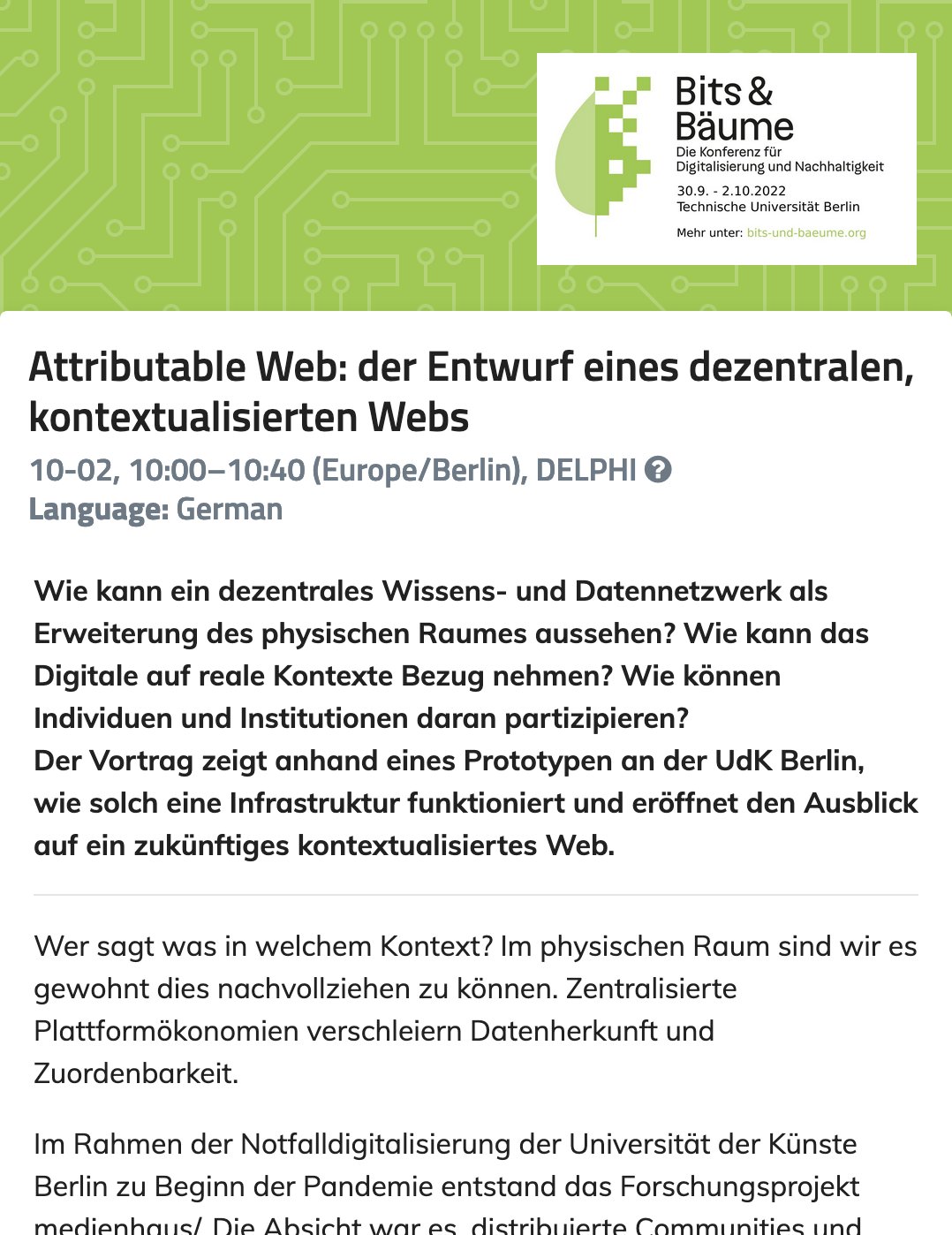 Screenshot des digitalen Veranstaltungsprogramms zum Vortrag „Attributable Web: der Entwurf eines dezentralen, kontextualisierten Webs“